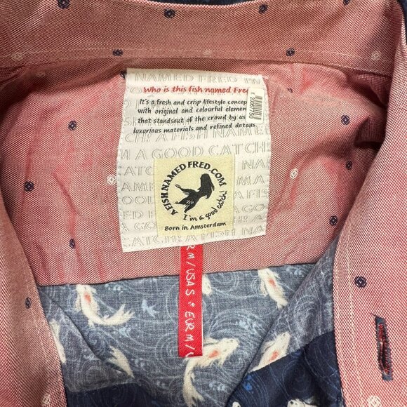 A Fish Named Fred Shirt Men S Koi Fish All Over Print Navy Flip Cuff Preppy - Picture 6 of 9